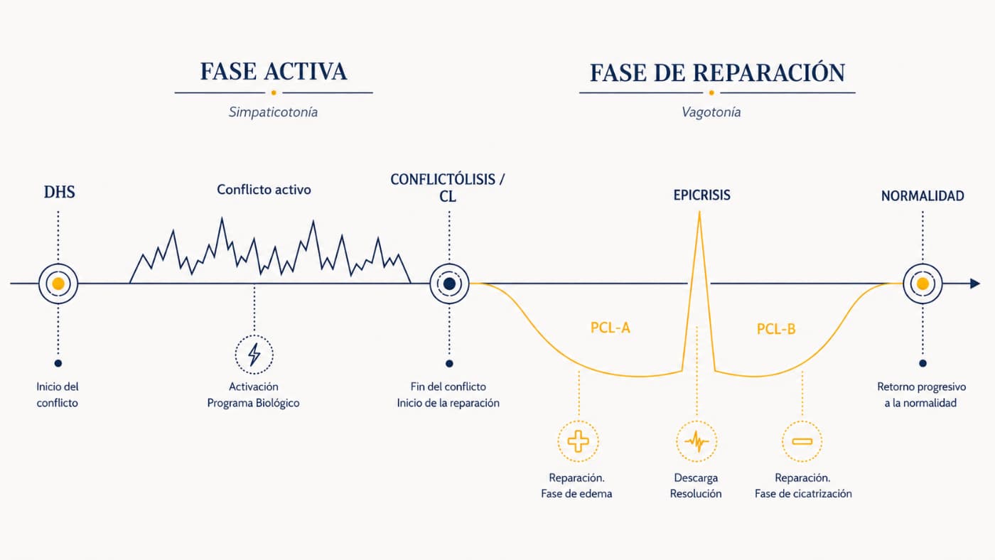 Fase activa y fase de reparación en Nueva Medicina Germánica Esquema de la fase activa y la fase de reparación en Nueva Medicina Germánica con DHS, conflictólisis, crisis epileptoide y retorno a la normalidad.