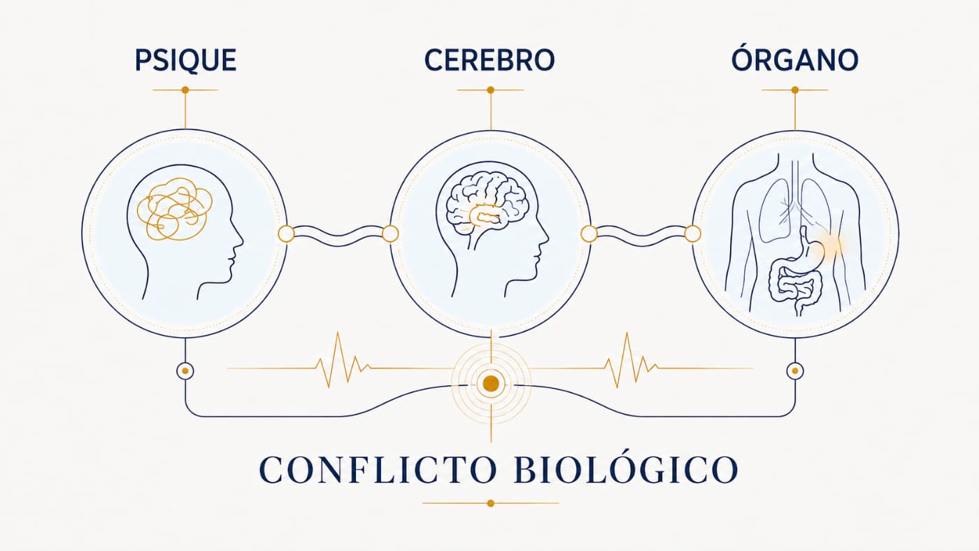 Nueva Medicina Germánica: psique, cerebro, órgano y conflicto biológico Esquema de la Nueva Medicina Germánica con los niveles psique, cerebro y órgano conectados para representar el conflicto biológico.
