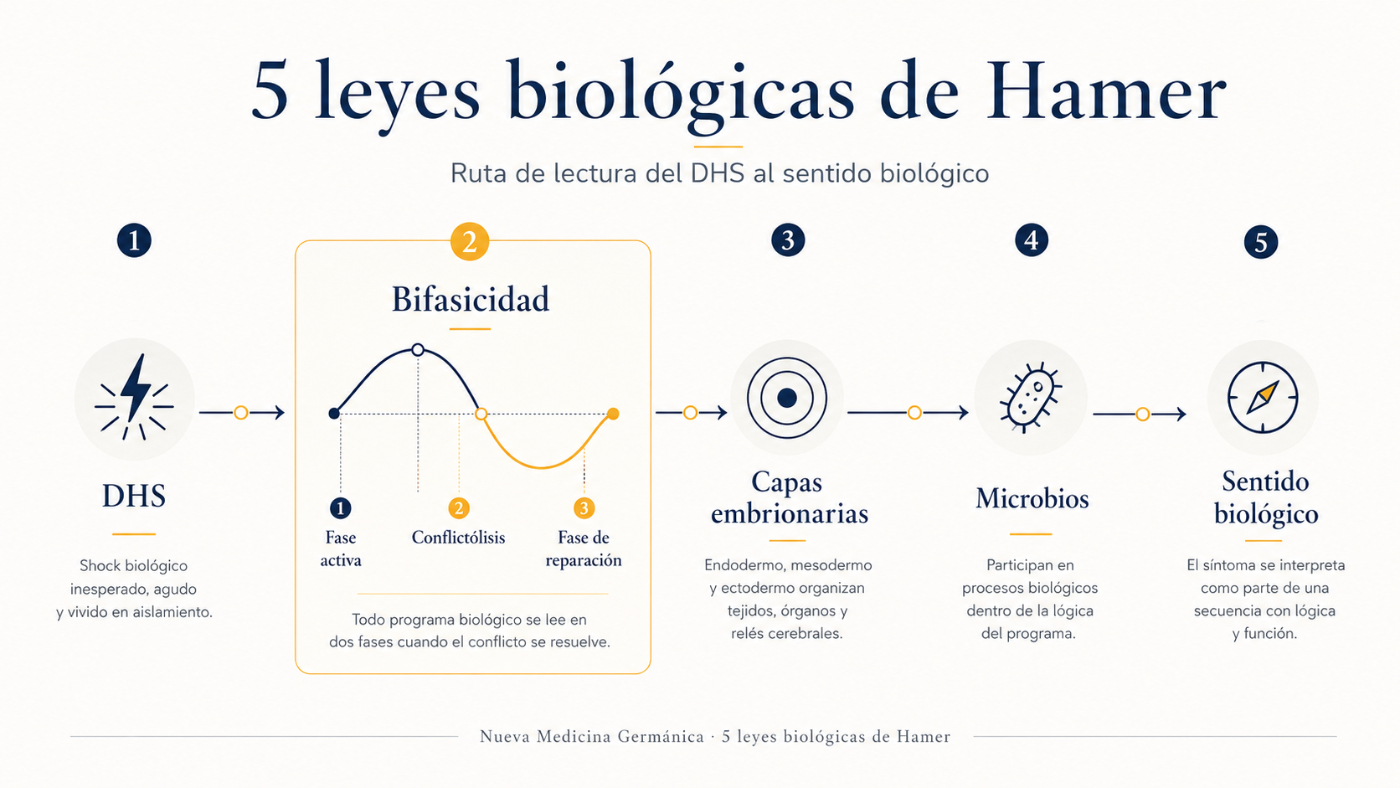 Esquema de las 5 leyes biológicas de Hamer con DHS, bifasicidad, capas embrionarias, microbios y sentido biológico