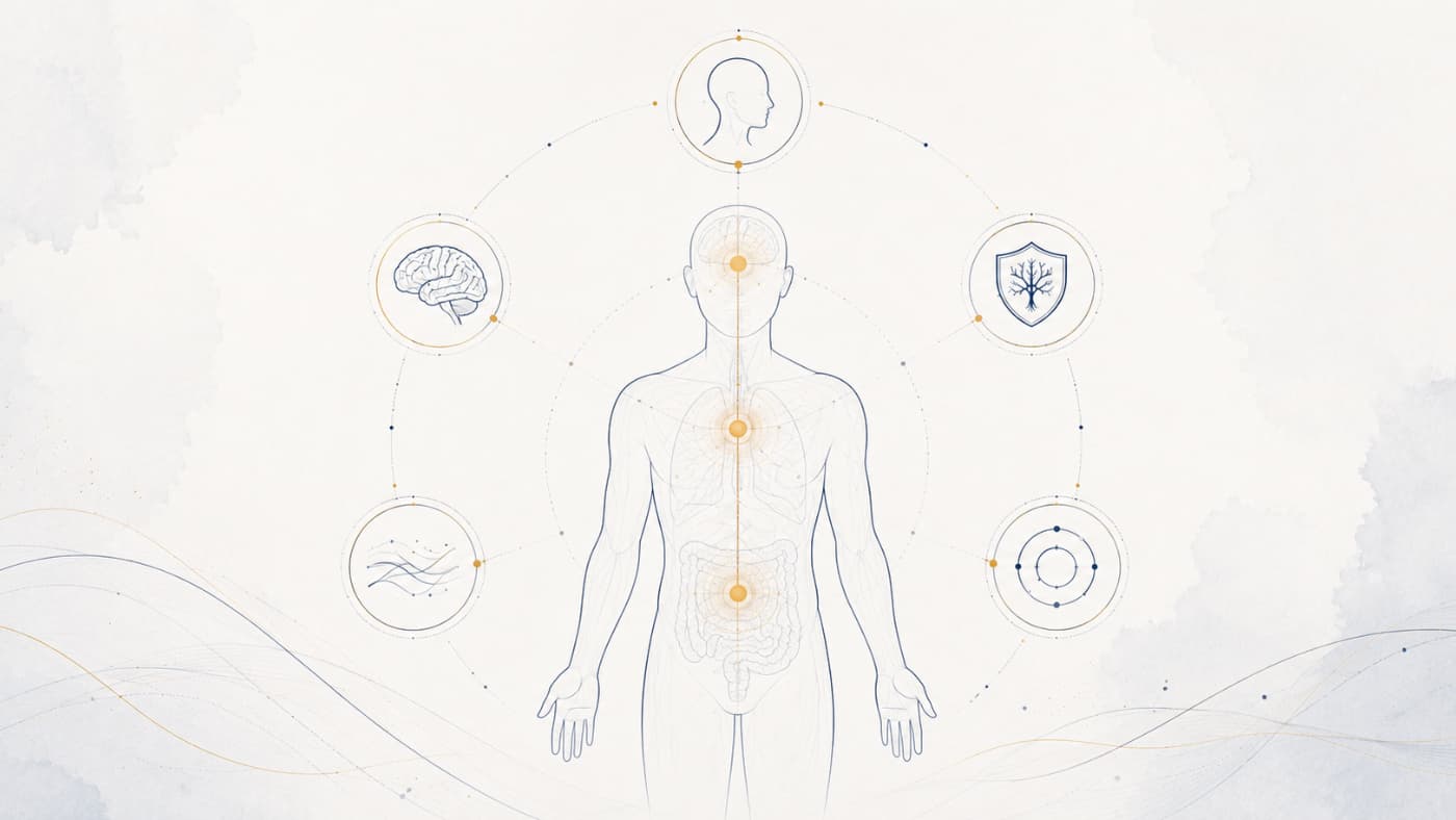 Ilustración del cuerpo humano con símbolos del cerebro y procesos biológicos para explicar las 5 Leyes Biológicas de la Nueva Medicina Germánica.