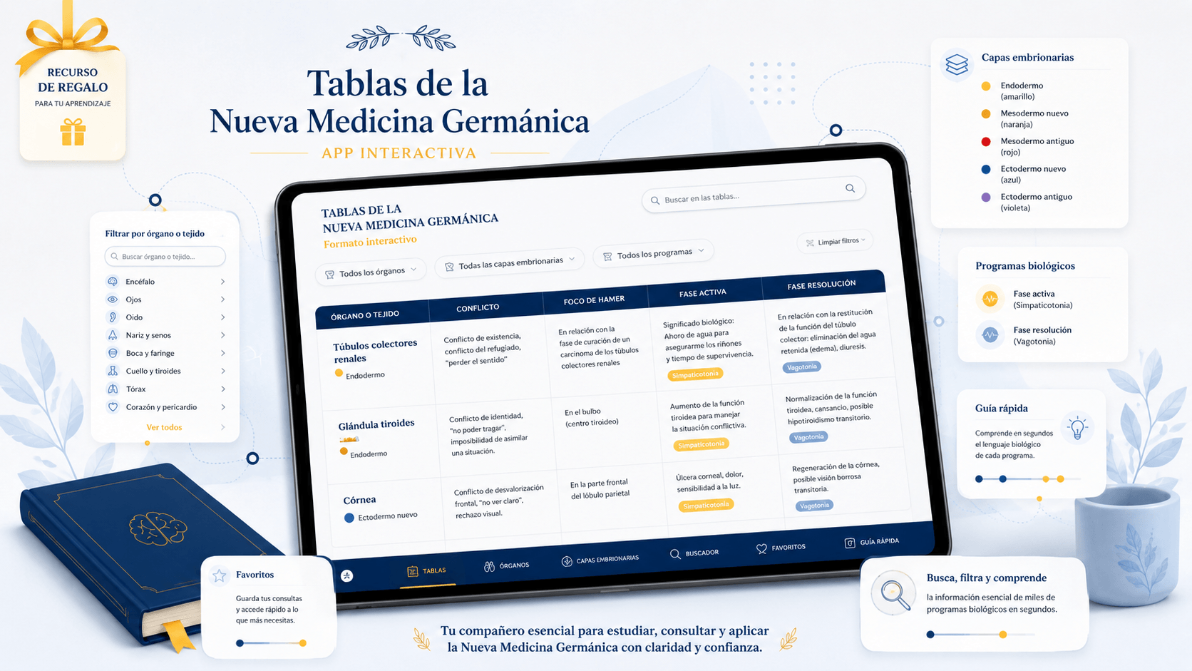 App interactiva de tablas de Nueva Medicina Germánica App interactiva de tablas de Nueva Medicina Germánica para consultar órganos, tejidos, conflictos, fases y capas embrionarias.