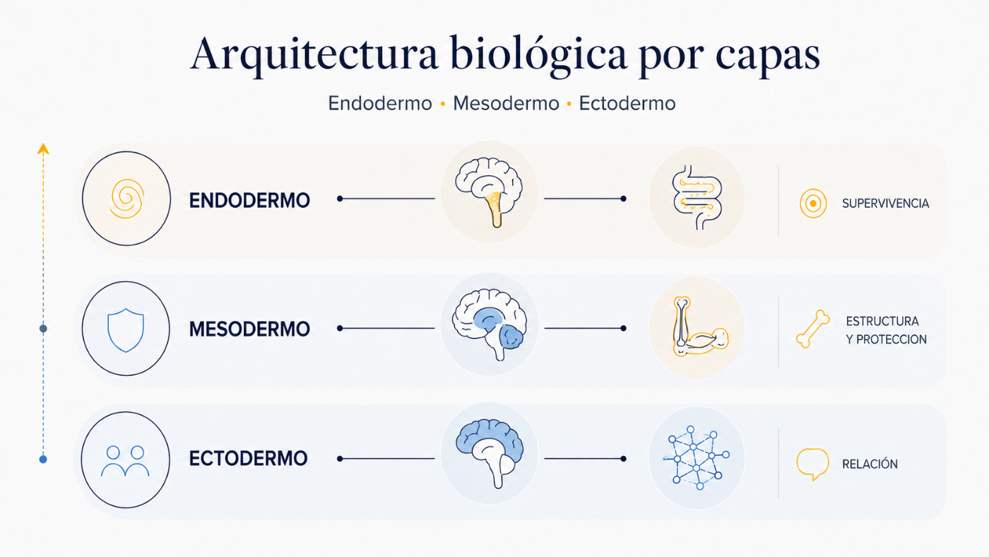 Arquitectura biológica por capas embrionarias Infografía sobre arquitectura biológica por capas en la Nueva Medicina Germánica, con endodermo, mesodermo y ectodermo vinculados a cerebro, tejidos y funciones.