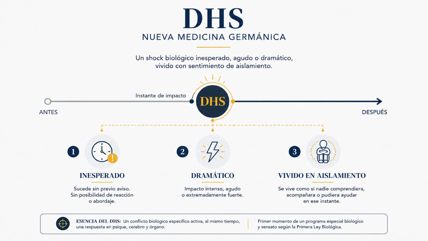 Características atribuidas al DHS Infografía sobre el DHS en la Nueva Medicina Germánica con una línea temporal y tres características: inesperado, dramático y vivido en aislamiento