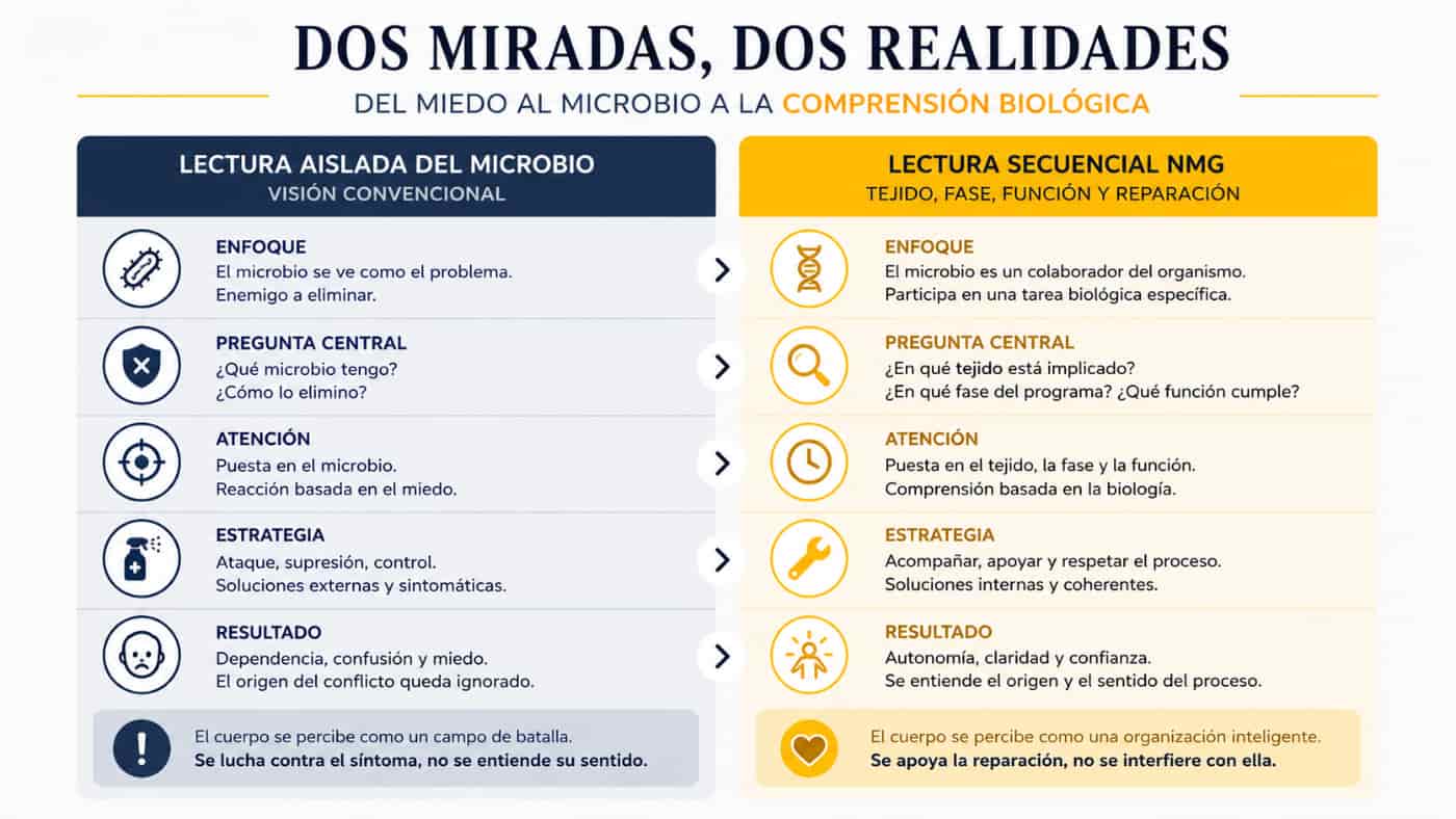 Visión convencional y Nueva Medicina Germánica ante los microbios Infografía que compara la visión convencional del microbio con la lectura de tejido, fase y función propuesta por la Nueva Medicina Germánica.