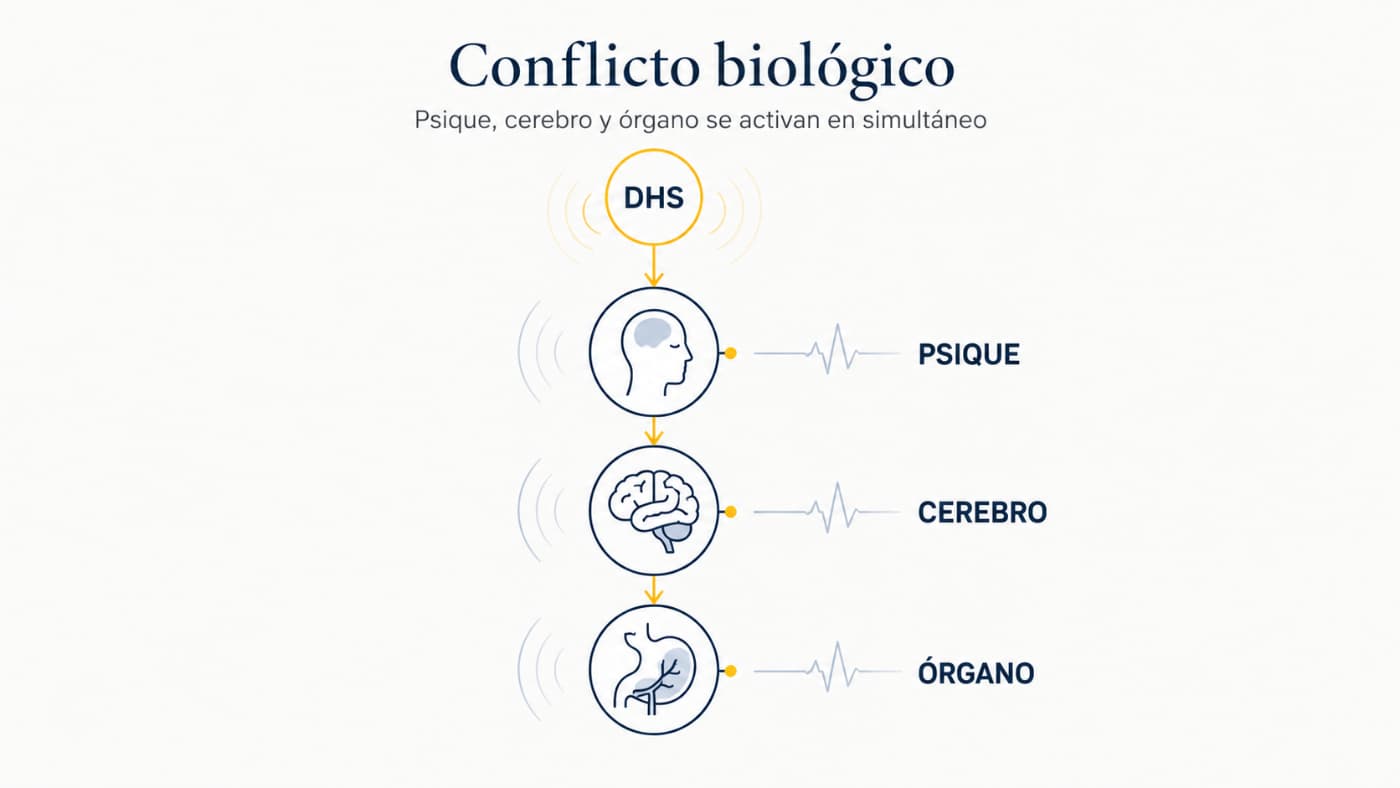 Conflicto biológico y DHS en la Nueva Medicina Germánica Esquema del conflicto biológico con un DHS conectado a la psique, el cerebro y un órgano, según la Nueva Medicina Germánica.