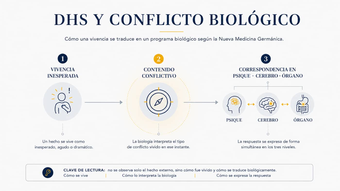 DHS y conflicto biológico Infografía sobre el DHS y el conflicto biológico con tres etapas: vivencia inesperada, contenido conflictivo y correspondencia entre psique, cerebro y órgano