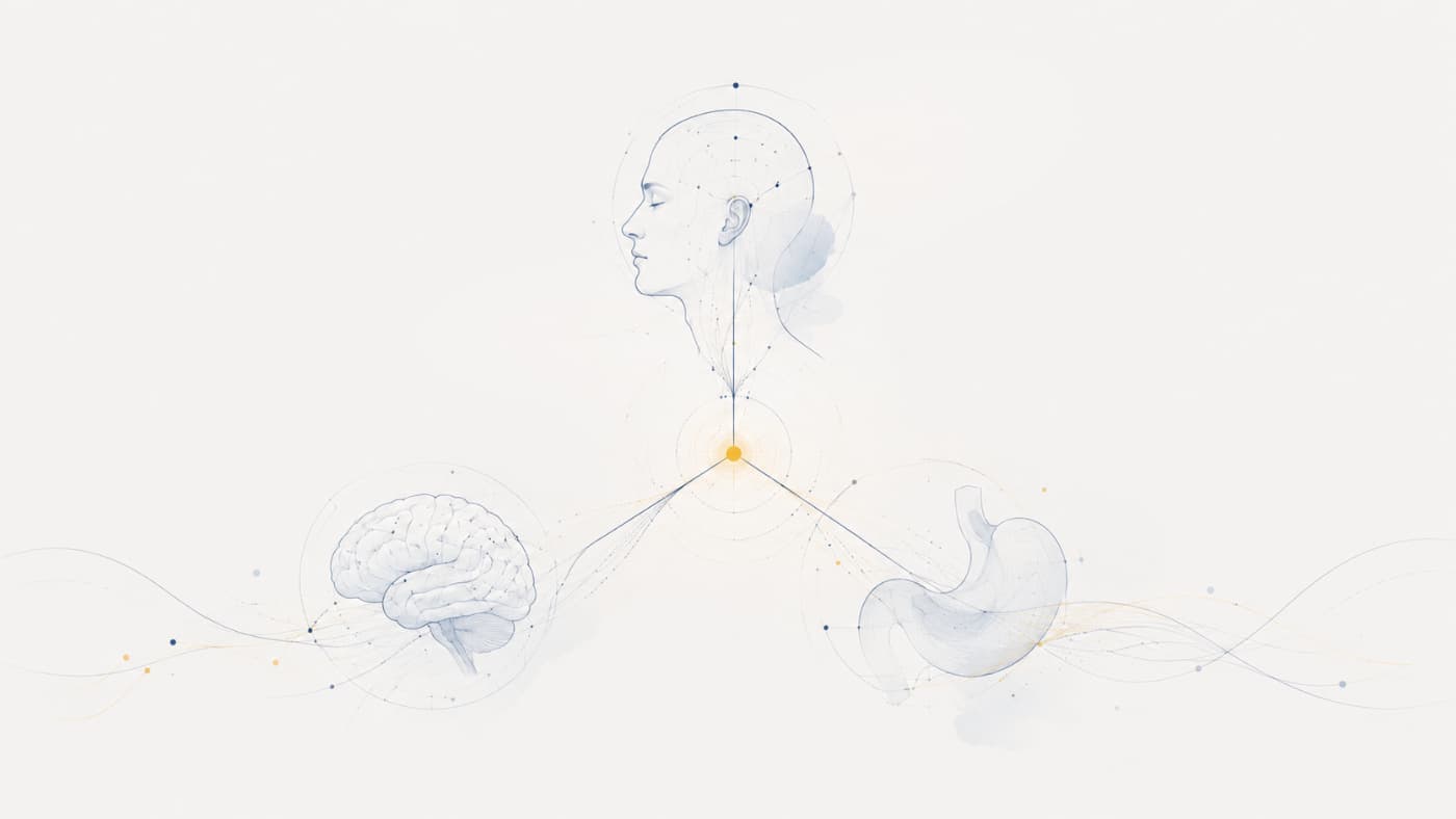 Perfil humano conectado mediante líneas con un cerebro y un estómago, como representación del DHS y del eje psique, cerebro y órgano en la Nueva Medicina Germánica