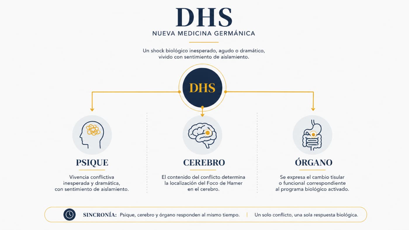 DHS: psique, cerebro y órgano Infografía del DHS según la Nueva Medicina Germánica con tres áreas conectadas: psique, cerebro y órgano