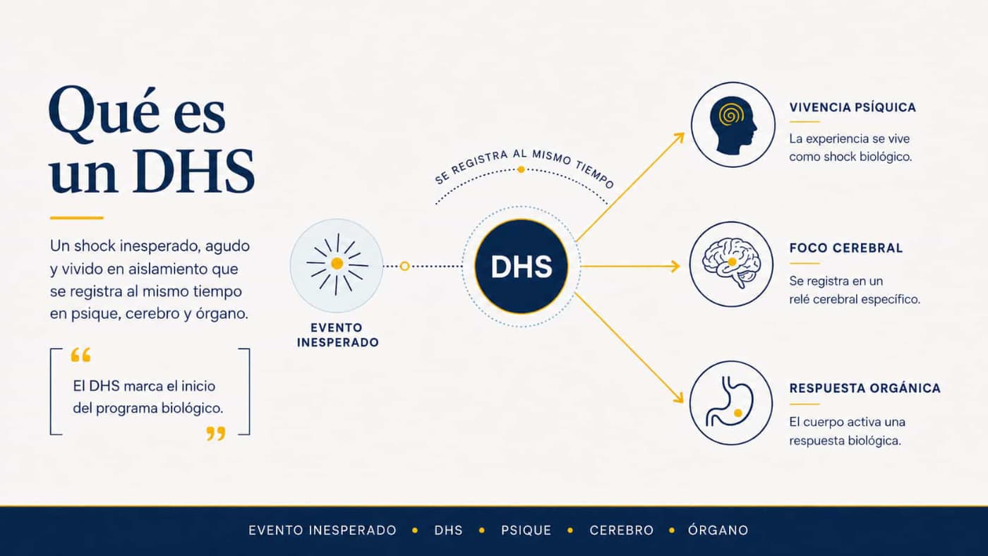 Infografía que explica qué es un DHS en Nueva Medicina Germánica, con un evento inesperado registrado en psique, cerebro y órgano.