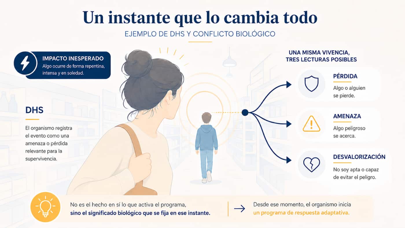 DHS y significado del conflicto biológico Infografía con una mujer que observa a un niño alejarse y tres posibles lecturas del DHS: pérdida, amenaza y desvalorización, según la NMG.