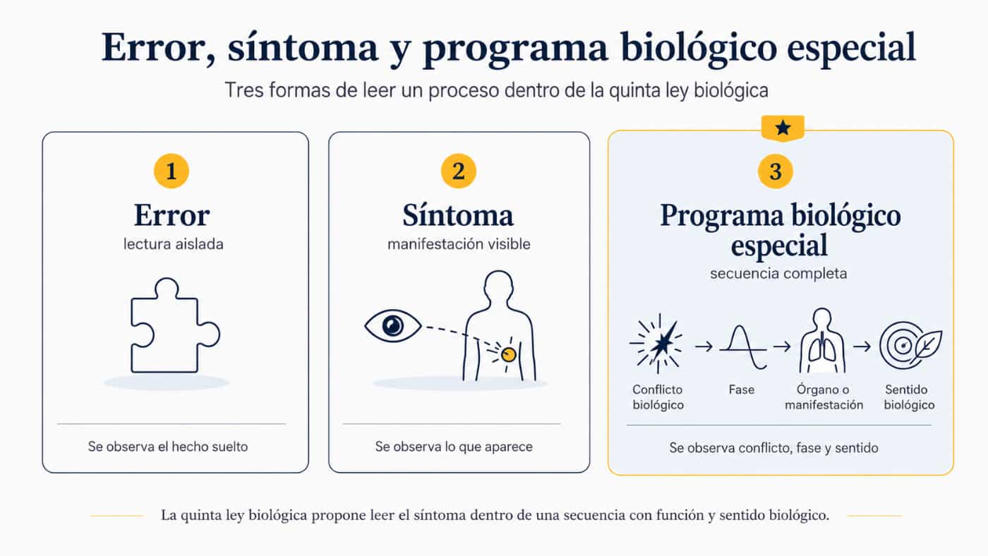 Error, síntoma y programa biológico en la Quinta Ley Infografía que compara el error como hecho aislado, el síntoma como manifestación visible y el programa biológico especial como secuencia completa
