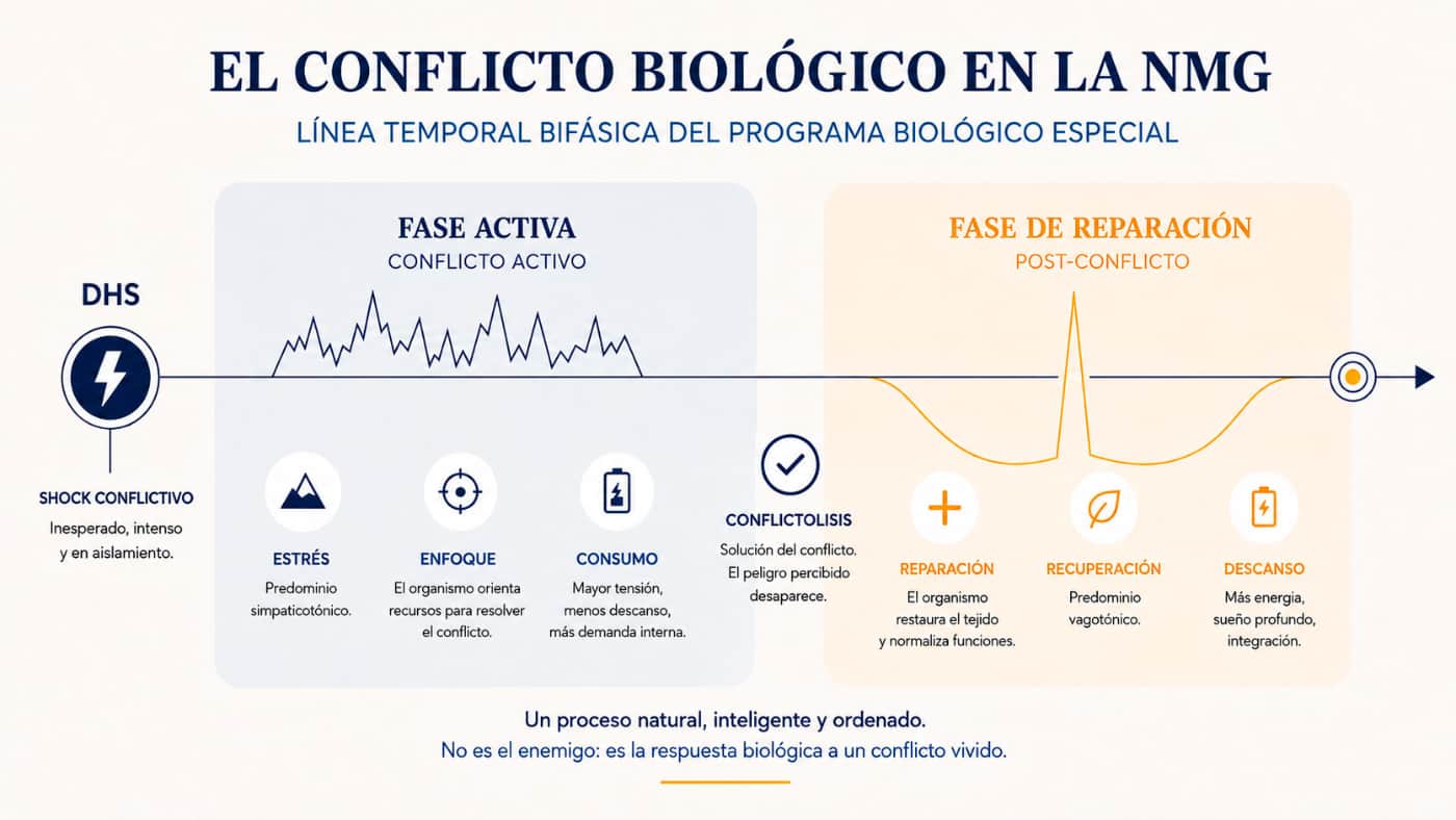 Fases del conflicto biológico en la Nueva Medicina Germánica Infografía de las fases del conflicto biológico según la Nueva Medicina Germánica, desde el DHS y la fase activa hasta la conflictólisis y la reparación.