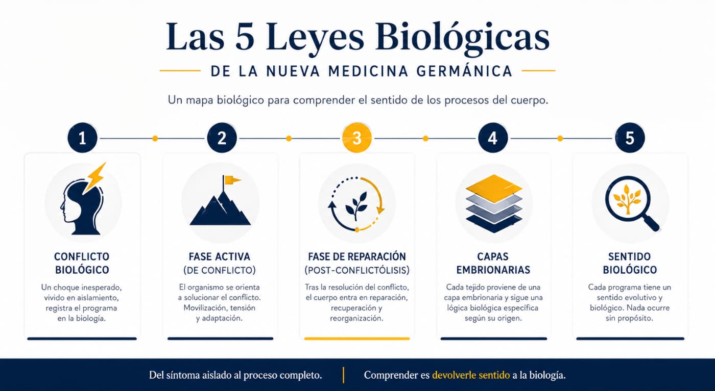 Infografía de las 5 Leyes Biológicas Infografía de las 5 Leyes Biológicas de la Nueva Medicina Germánica con cinco bloques sobre conflicto biológico, fase activa, fase de reparación, capas embrionarias y sentido biológico.