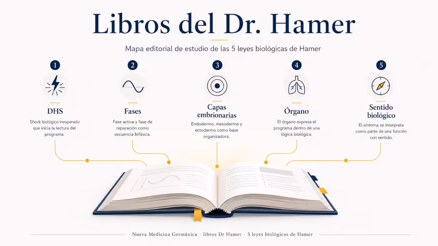 libros-dr-hamer-mapa-estudio-5-leyes-biologicas Libro abierto conectado con DHS, fases, capas embrionarias, órgano y sentido biológico para estudiar las 5 leyes biológicas de Hamer