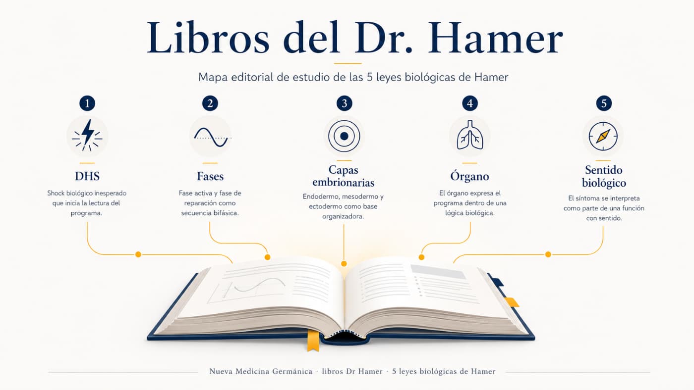 Libro abierto conectado con DHS, fases, capas embrionarias, órgano y sentido biológico para estudiar las 5 leyes biológicas de Hamer