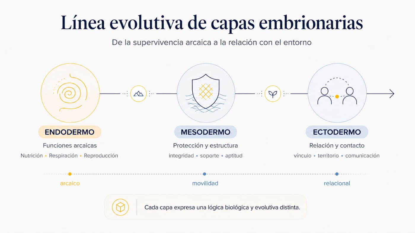 Línea evolutiva de las capas embrionarias Infografía de una línea evolutiva de capas embrionarias con endodermo, mesodermo y ectodermo, asociadas a funciones arcaicas, protección, estructura y relación.