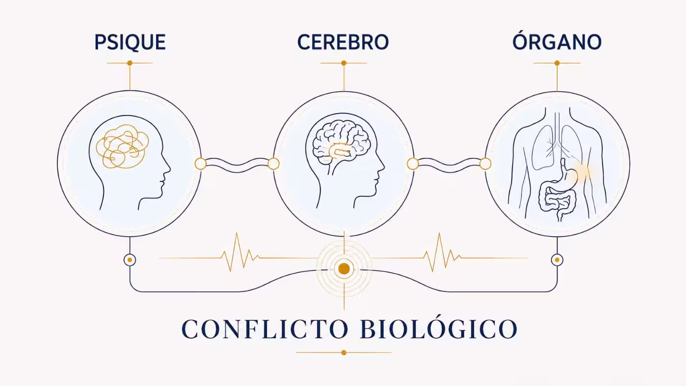 nueva-medicina-germanica-psique-cerebro-organo-conflicto-biologico Esquema de la Nueva Medicina Germánica con los niveles psique, cerebro y órgano conectados para representar el conflicto biológico.