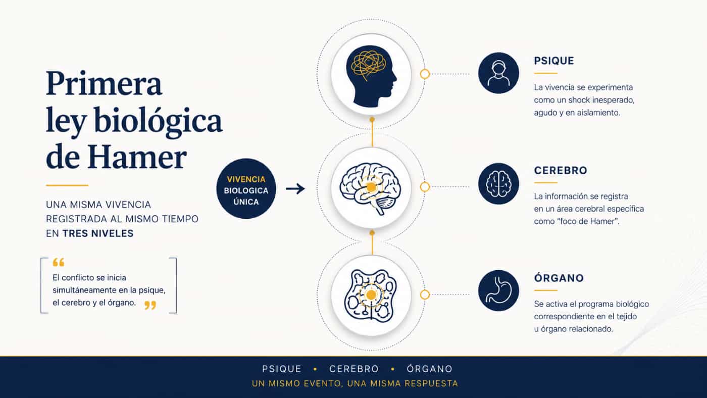 Infografía de la Primera Ley Biológica de Hamer que muestra una vivencia biológica registrada al mismo tiempo en psique, cerebro y órgano.