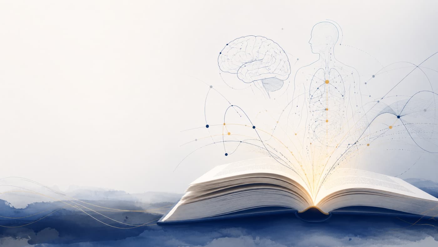 Libro abierto del que emergen un cerebro, un cuerpo humano y líneas de mapa biológico, como representación visual de una guía introductoria sobre Nueva Medicina Germánica