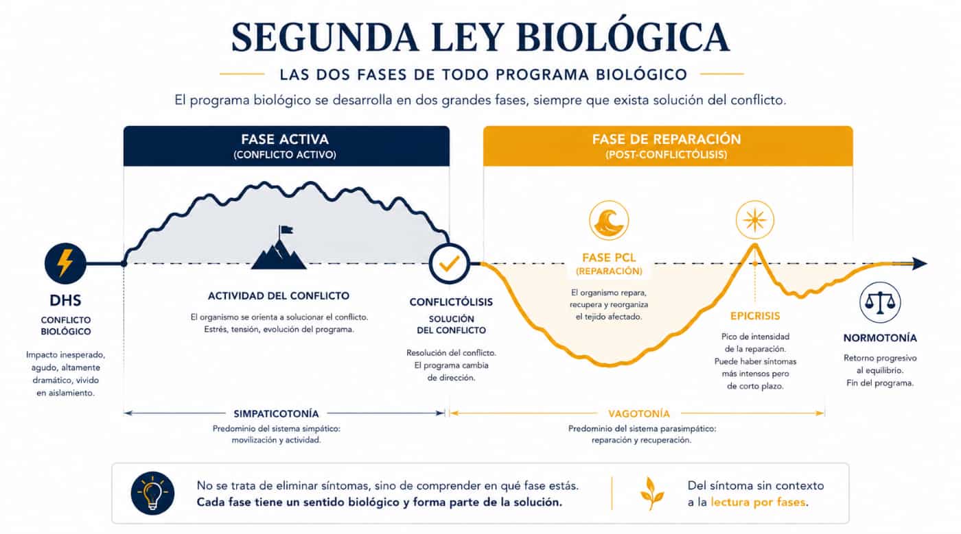 Segunda Ley Biológica y lectura por fases Infografía de la Segunda Ley Biológica con un gráfico de fase activa, conflictólisis, fase de reparación, epicrisis y normotonía.