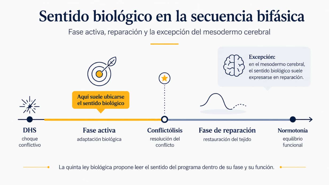 Sentido biológico y fases de la Quinta Ley Línea temporal del sentido biológico con DHS, fase activa, conflictólisis, reparación, normotonía y excepción del mesodermo cerebral