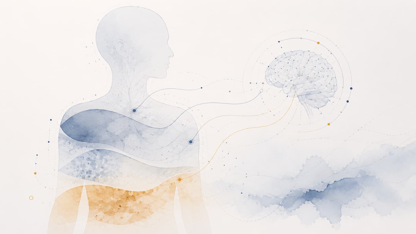 Silueta humana conectada con un cerebro mediante líneas, como representación educativa de la Tercera Ley Biológica y las capas embrionarias en la Nueva Medicina Germánica.