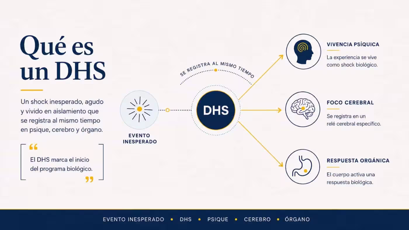 dhs-nueva-medicina-germanica-psique-cerebro-organo Infografía que explica qué es un DHS en Nueva Medicina Germánica, con un evento inesperado registrado en psique, cerebro y órgano.