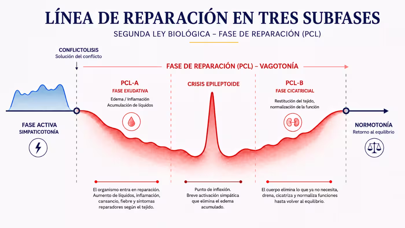 nueva-medicina-germanica-fase-reparacion Infografía de la fase de reparación en la Segunda Ley Biológica, con PCL-A, crisis epileptoide, PCL-B y retorno a la normotonía.
