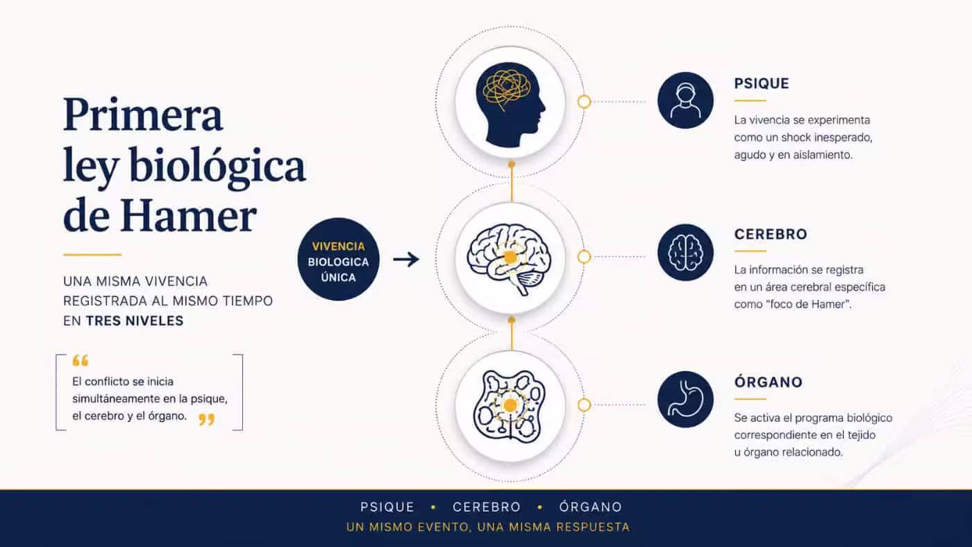 primera-ley-biologica-hamer-psique-cerebro-organo Infografía de la Primera Ley Biológica de Hamer que muestra una vivencia biológica registrada al mismo tiempo en psique, cerebro y órgano.