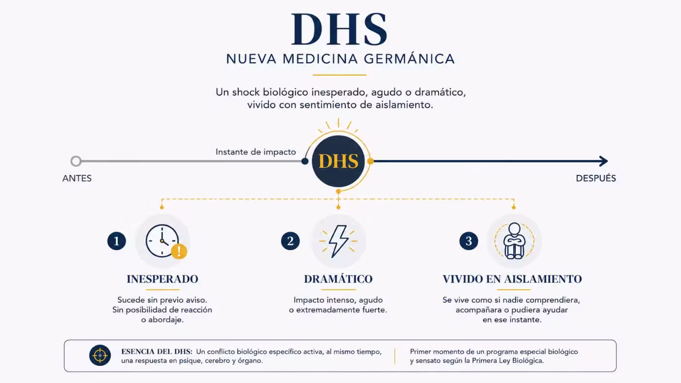 caracteristicas-dhs-nueva-medicina-germanica Infografía sobre el DHS en la Nueva Medicina Germánica con una línea temporal y tres características: inesperado, dramático y vivido en aislamiento