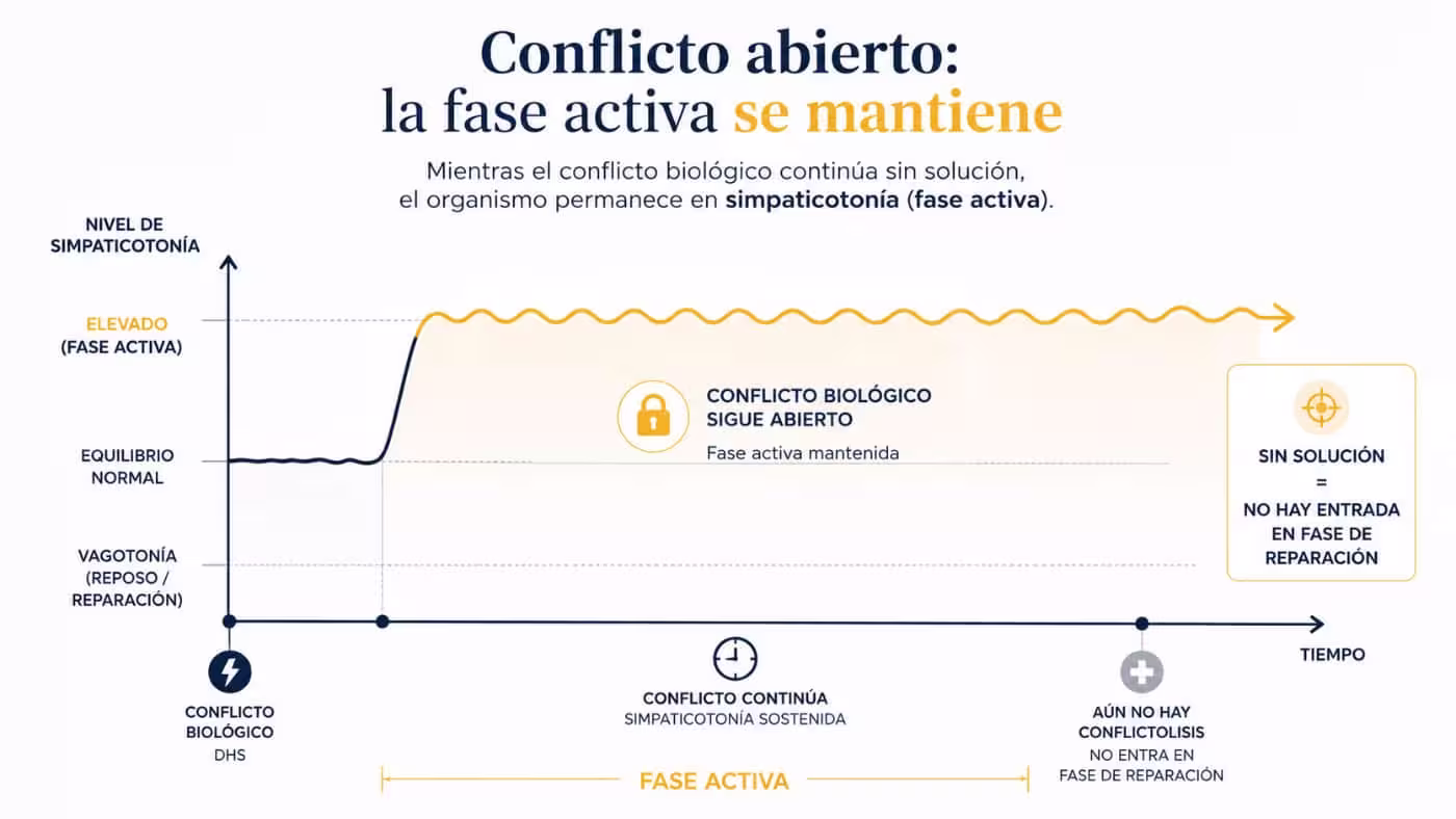 Gráfico de un conflicto biológico abierto que mantiene la fase activa y la simpaticotonía sin entrada en la fase de reparación