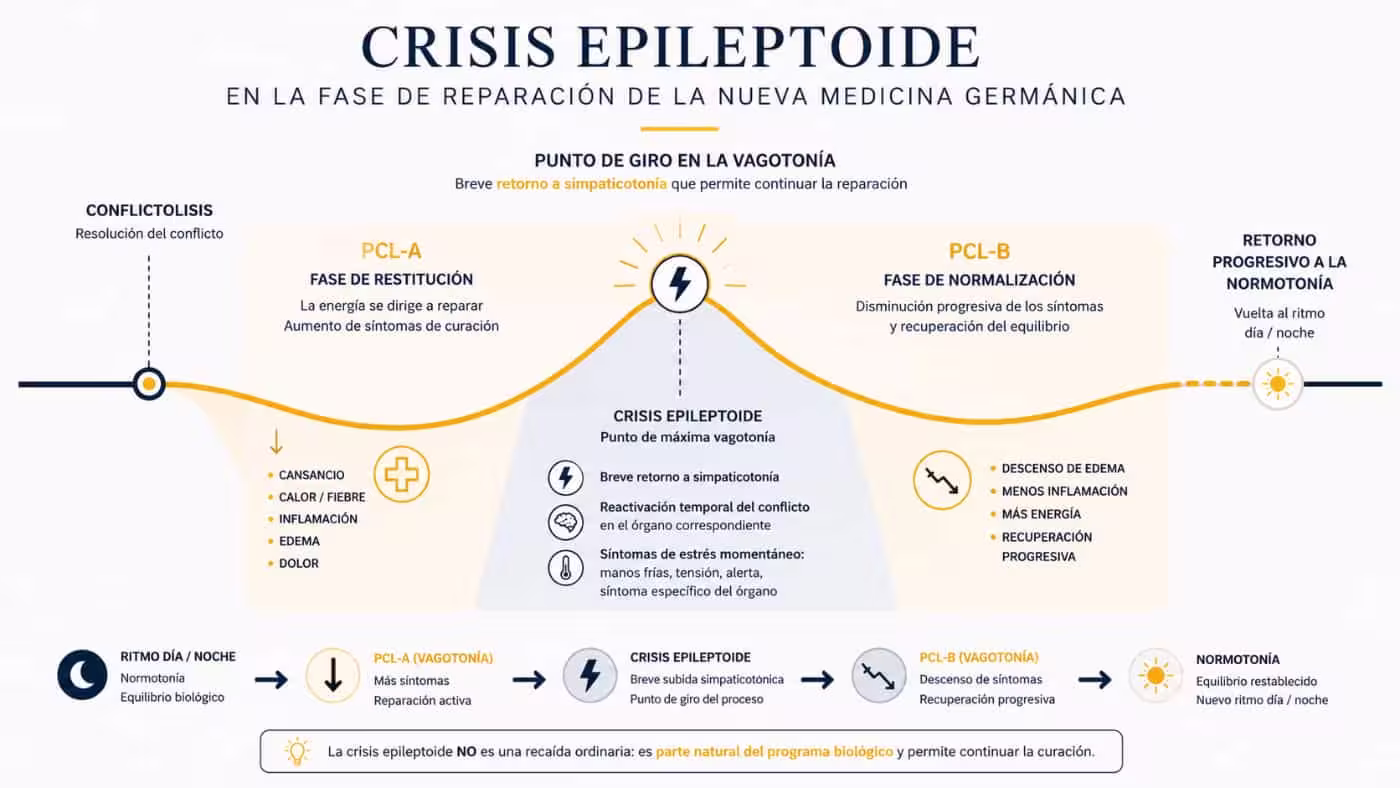 Infografía de la crisis epileptoide en la fase de reparación, con las etapas PCL-A y PCL-B y el retorno progresivo a la normotonía.