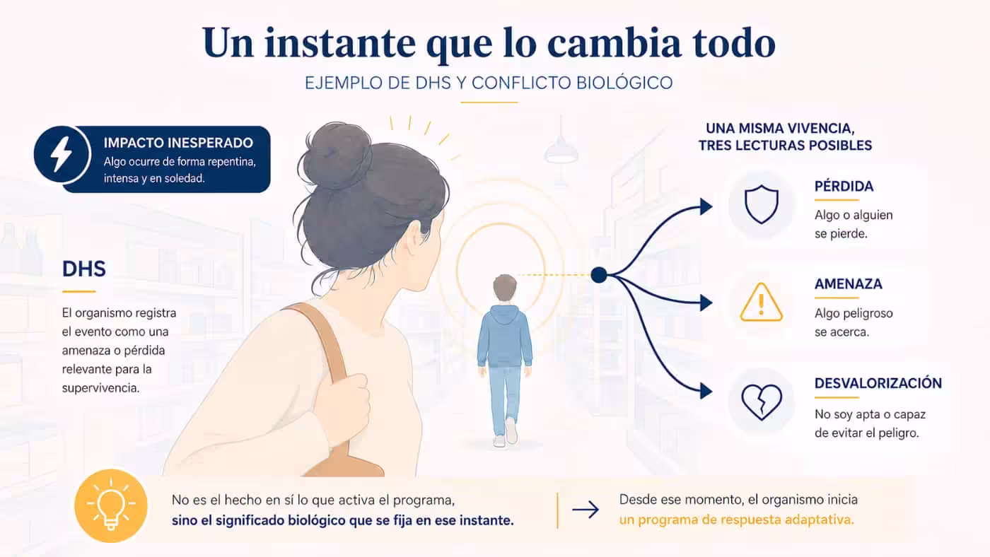 Infografía con una mujer que observa a un niño alejarse y tres posibles lecturas del DHS: pérdida, amenaza y desvalorización, según la NMG.