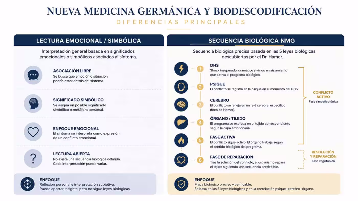 nueva-medicina-germanica-biodescodificacion-diferencias Infografía que compara la lectura emocional de la biodescodificación con la secuencia de la Nueva Medicina Germánica: DHS, psique, cerebro, órgano y reparación.