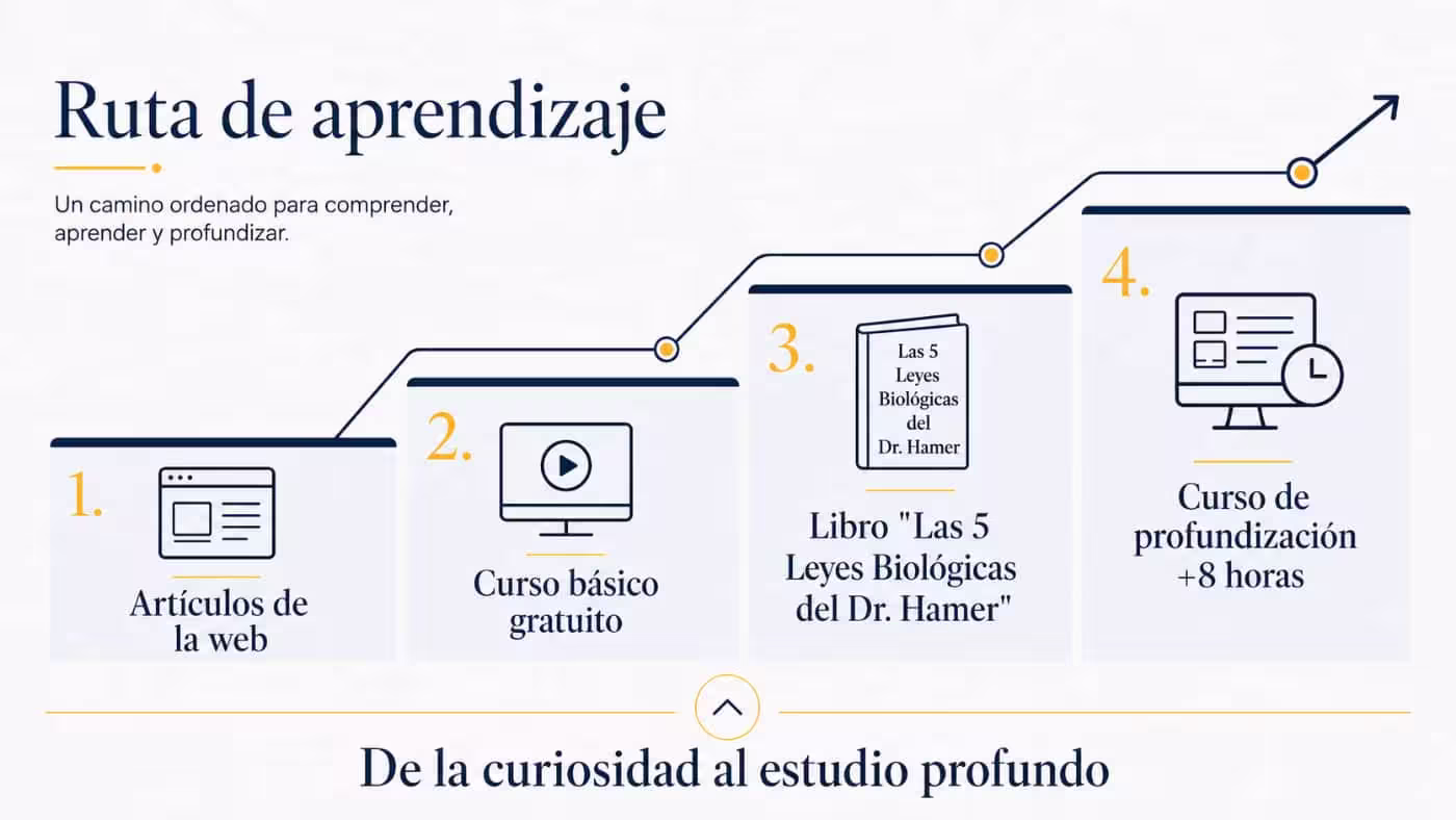 Infografía de la ruta de aprendizaje de la Nueva Medicina Germánica: artículos web, curso básico gratuito, libro de las 5 Leyes Biológicas y curso de profundización.