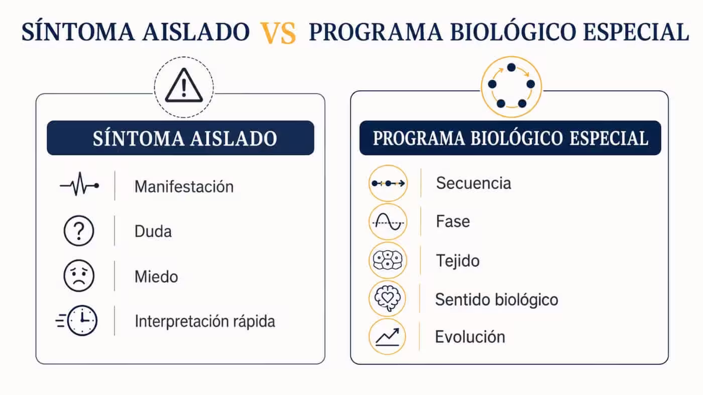 Comparativa entre síntoma aislado y programa biológico especial, con manifestación, duda, miedo, secuencia, fase, tejido, sentido biológico y evolución.